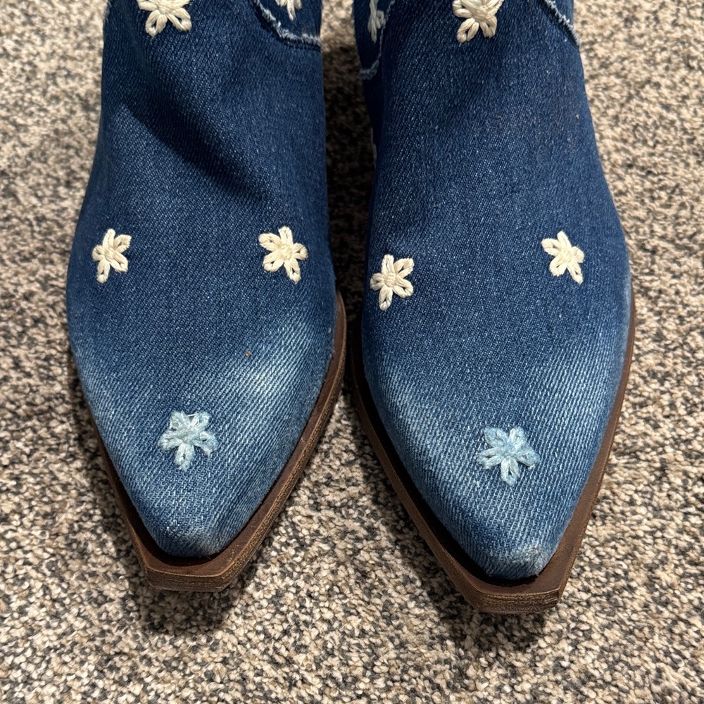 Blue Denim Ankle Boots with Floral Accents - Picture 8 of 11